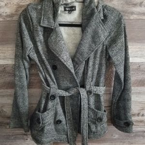 Casua dressy/Open front gray hioded  belted jacket